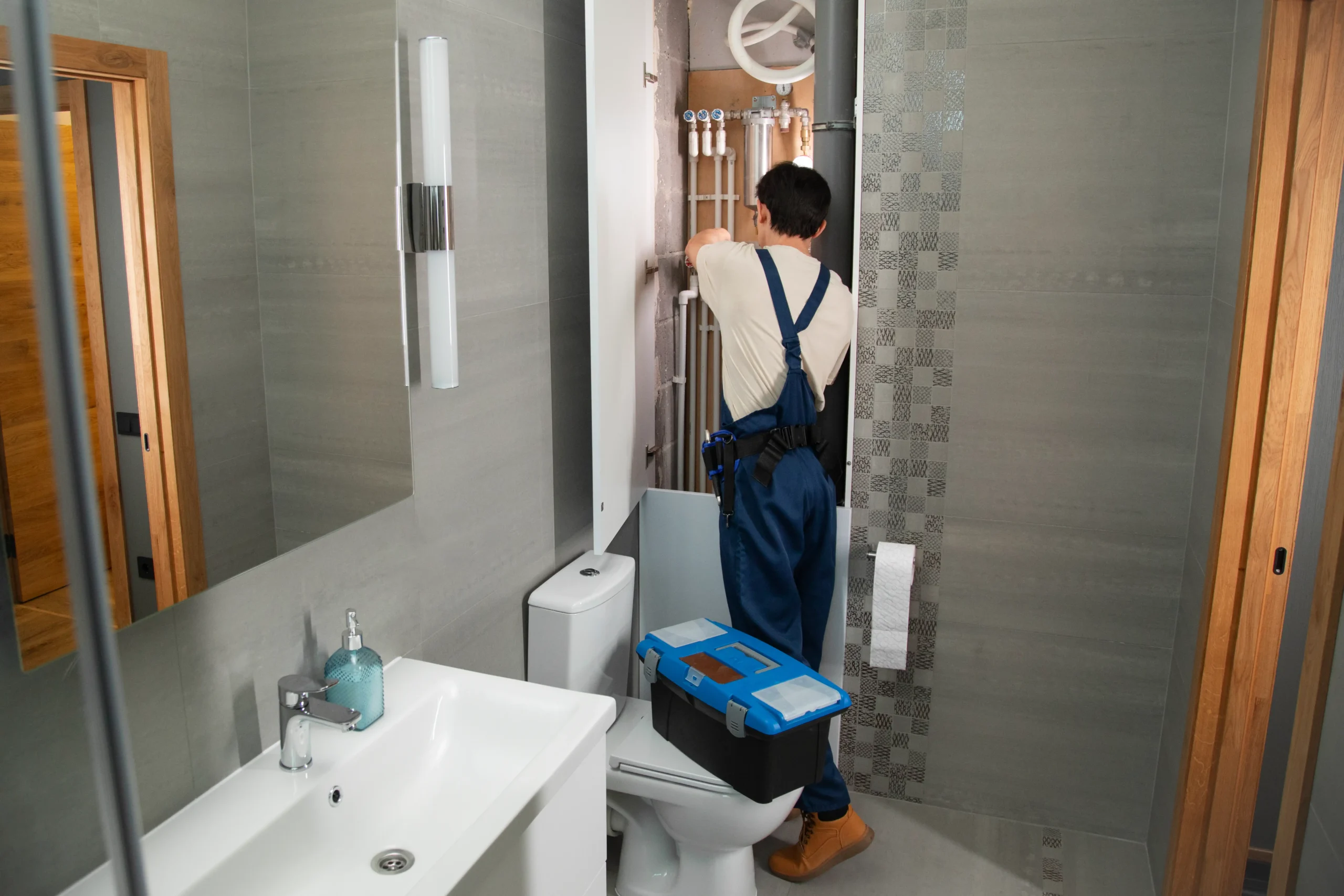 Plombier réalisant un débouchage Liège dans une salle de bain moderne