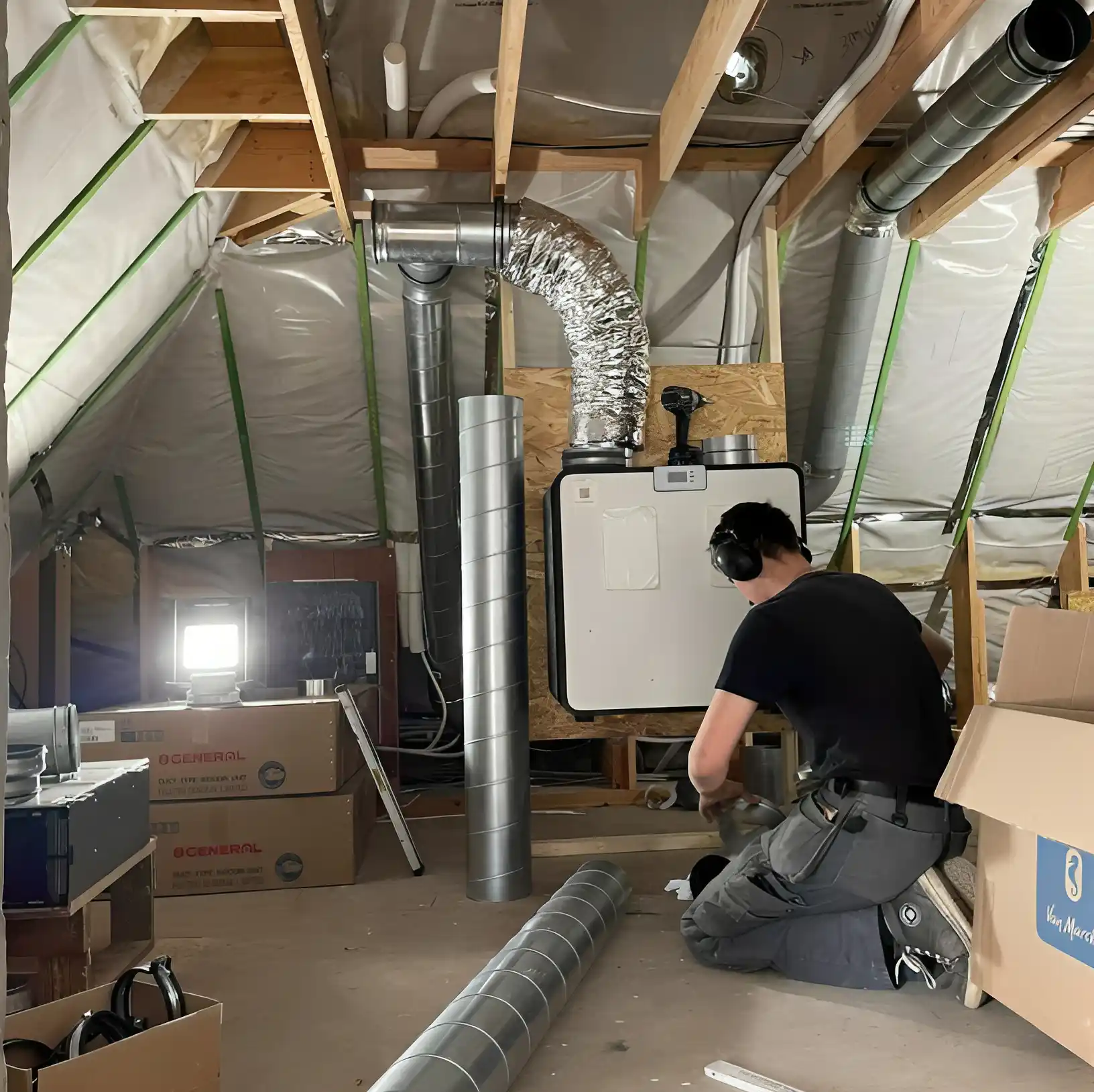 Chauffagiste Liège installant un système de ventilation double flux dans un grenier isolé